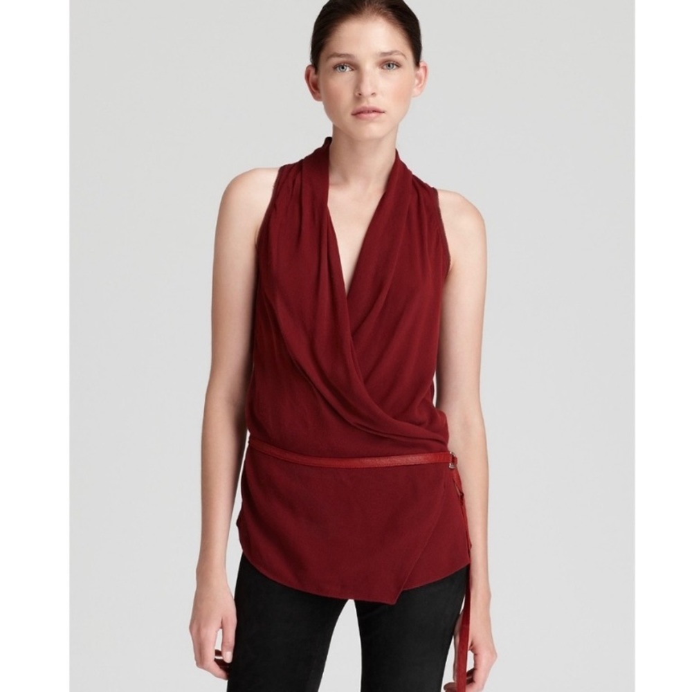 DESIGNER Overlap Belted Blouse Top
